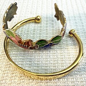 Set of Child's Vintage Floral Butterfly Cloisonné & Solid GoldTone Cuff Bracelet